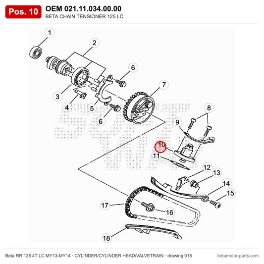 BETA CHAIN TENSIONER 125 LC – OEM 021.11.034.00.00, position 10 on the Beta RR 125 4T LC MY13-MY14 cylinder/cylinder head/valvetrain drawing