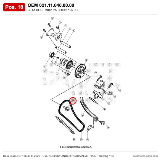 BETA BOLT M8X1,25 CH=12 125 LC – OEM 021.11.040.00.00, position 18 on the Beta BLUE RR 125 4T R 2026 cylinder/cylinder head/valvetrain drawing