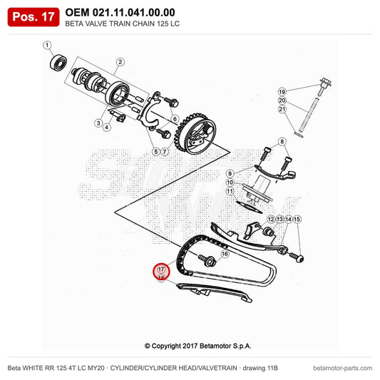 BETA VALVE TRAIN CHAIN 125 LC – OEM 021.11.041.00.00, position 17 on the Beta WHITE RR 125 4T LC MY20 cylinder/cylinder head/valvetrain drawing