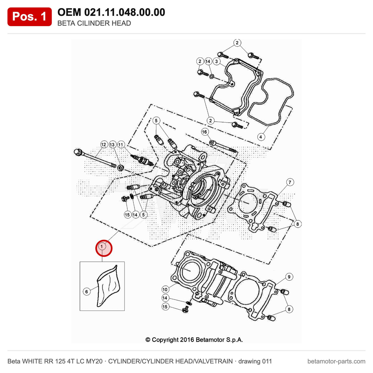 BETA CILINDER HEAD – OEM 021.11.048.00.00, position 1 on the Beta WHITE RR 125 4T LC MY20 cylinder/cylinder head/valvetrain drawing