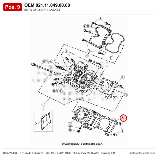 BETA CYLINDER GASKET – OEM 021.11.049.00.00, position 9 on the Beta WHITE RR 125 4T LC MY20 cylinder/cylinder head/valvetrain drawing