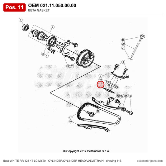 BETA GASKET – OEM 021.11.050.00.00, position 11 on the Beta WHITE RR 125 4T LC MY20 cylinder/cylinder head/valvetrain drawing
