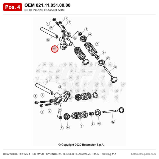 BETA INTAKE ROCKER ARM – OEM 021.11.051.00.00, position 4 on the Beta WHITE RR 125 4T LC MY20 cylinder/cylinder head/valvetrain drawing