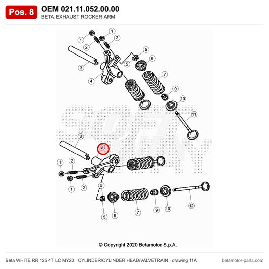 BETA EXHAUST ROCKER ARM – OEM 021.11.052.00.00, position 8 on the Beta WHITE RR 125 4T LC MY20 cylinder/cylinder head/valvetrain drawing