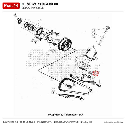 BETA CHAIN GUIDE – OEM 021.11.054.00.00, position 14 on the Beta WHITE RR 125 4T LC MY20 cylinder/cylinder head/valvetrain drawing