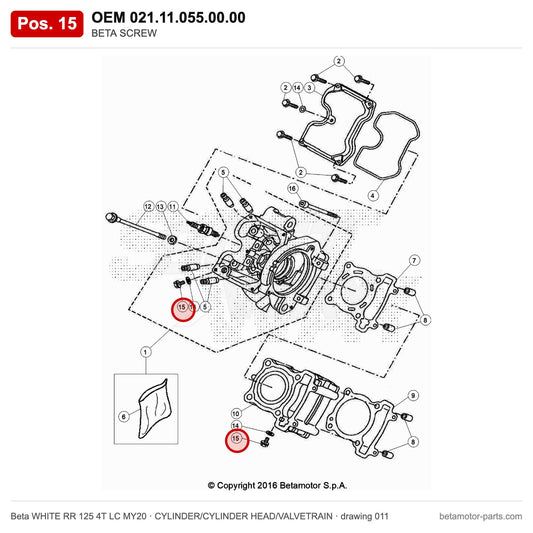 BETA SCREW – OEM 021.11.055.00.00, position 15 on the Beta WHITE RR 125 4T LC MY20 cylinder/cylinder head/valvetrain drawing