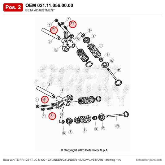 BETA ADJUSTMENT – OEM 021.11.056.00.00, position 2 on the Beta WHITE RR 125 4T LC MY20 cylinder/cylinder head/valvetrain drawing
