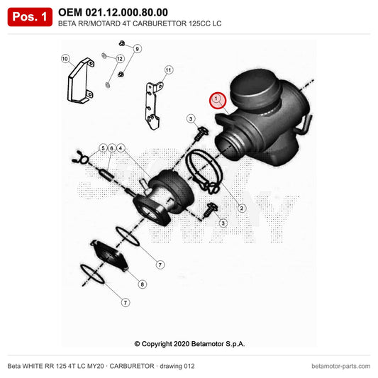 BETA RR/MOTARD 4T CARBURETTOR 125CC LC – OEM 021.12.000.80.00, position 1 on the Beta WHITE RR 125 4T LC MY20 carburetor drawing