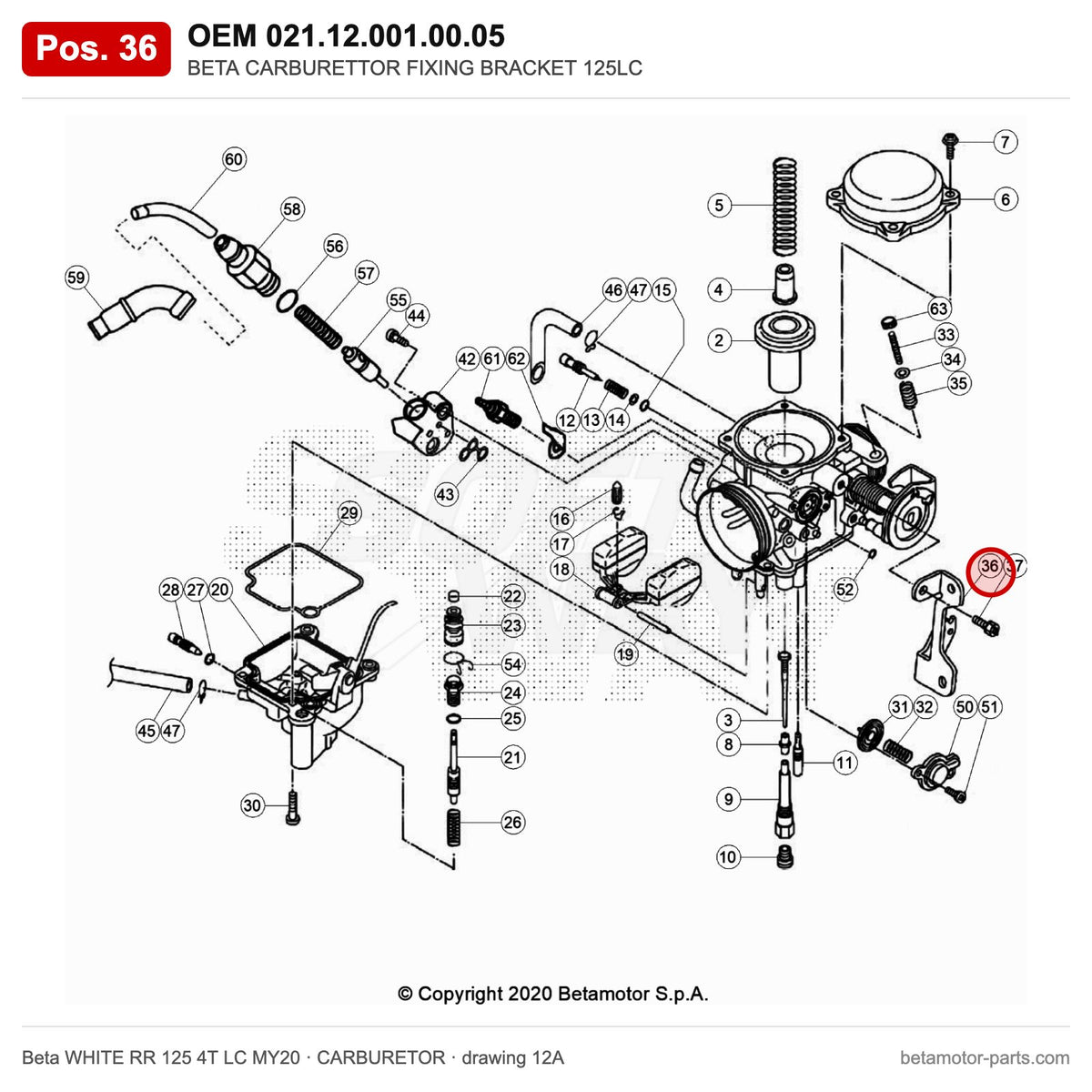 BETA CARBURETTOR FIXING BRACKET 125LC – OEM 021.12.001.00.05, position 36 on the Beta WHITE RR 125 4T LC MY20 carburetor drawing