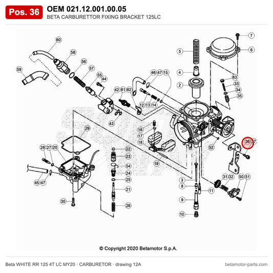 BETA CARBURETTOR FIXING BRACKET 125LC – OEM 021.12.001.00.05, position 36 on the Beta WHITE RR 125 4T LC MY20 carburetor drawing