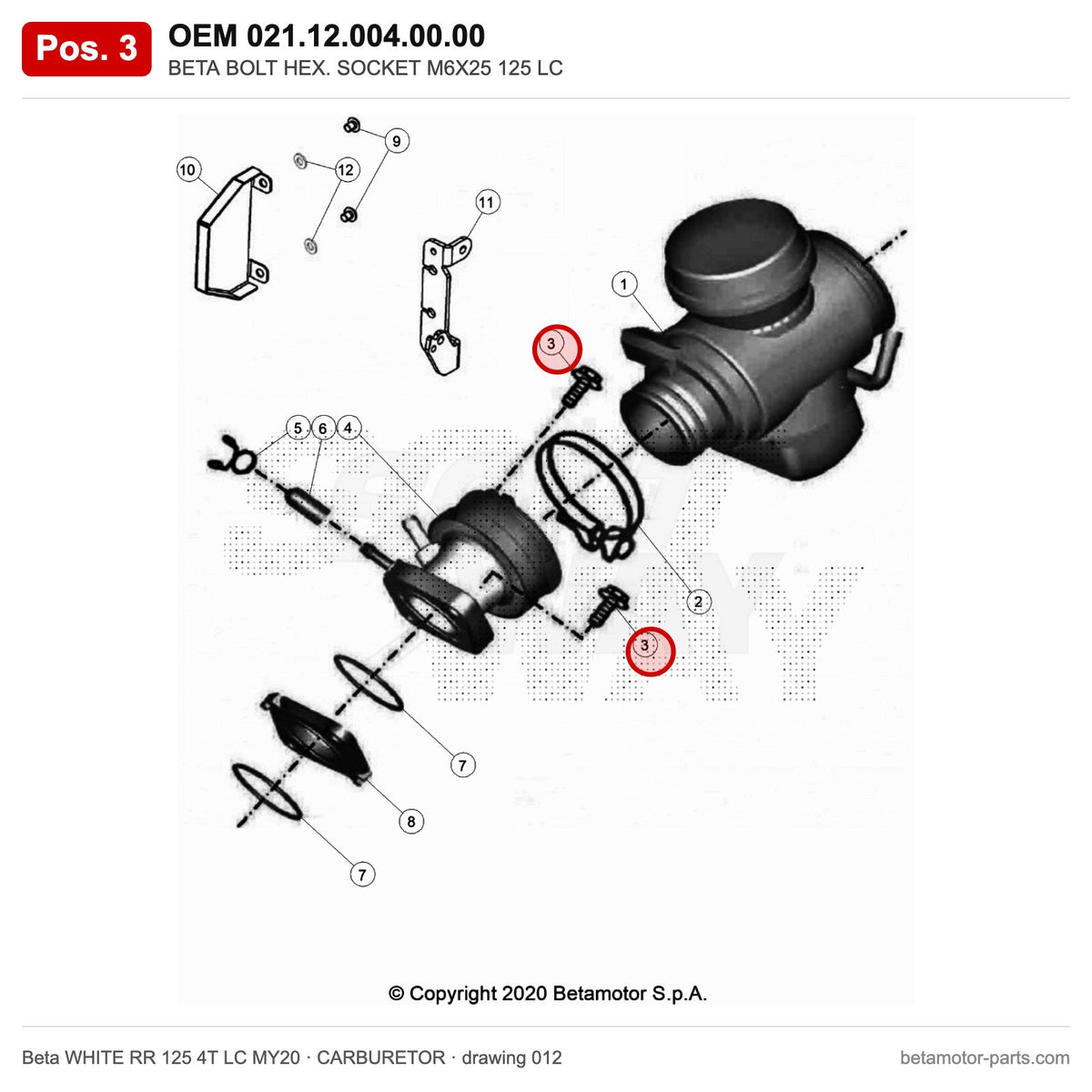 BETA BOLT HEX. SOCKET M6X25 125 LC – OEM 021.12.004.00.00, position 3 on the Beta WHITE RR 125 4T LC MY20 carburetor drawing