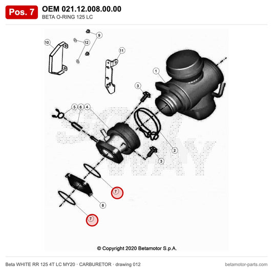 BETA O-RING 125 LC – OEM 021.12.008.00.00, position 7 on the Beta WHITE RR 125 4T LC MY20 carburetor drawing