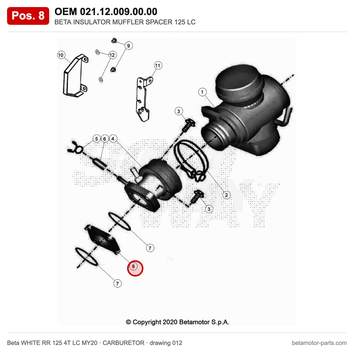 BETA INSULATOR MUFFLER SPACER 125 LC – OEM 021.12.009.00.00, position 8 on the Beta WHITE RR 125 4T LC MY20 carburetor drawing