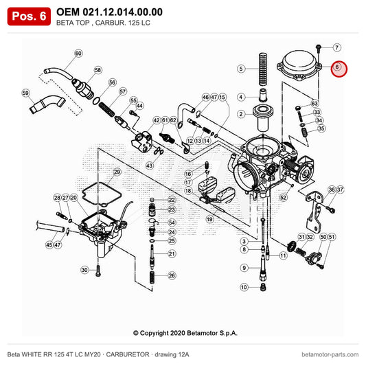 BETA TOP , CARBUR. 125 LC – OEM 021.12.014.00.00, position 6 on the Beta WHITE RR 125 4T LC MY20 carburetor drawing