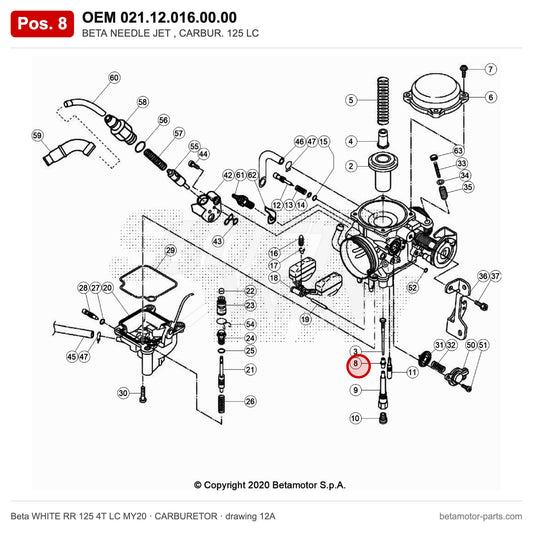 BETA NEEDLE JET , CARBUR. 125 LC – OEM 021.12.016.00.00, position 8 on the Beta WHITE RR 125 4T LC MY20 carburetor drawing
