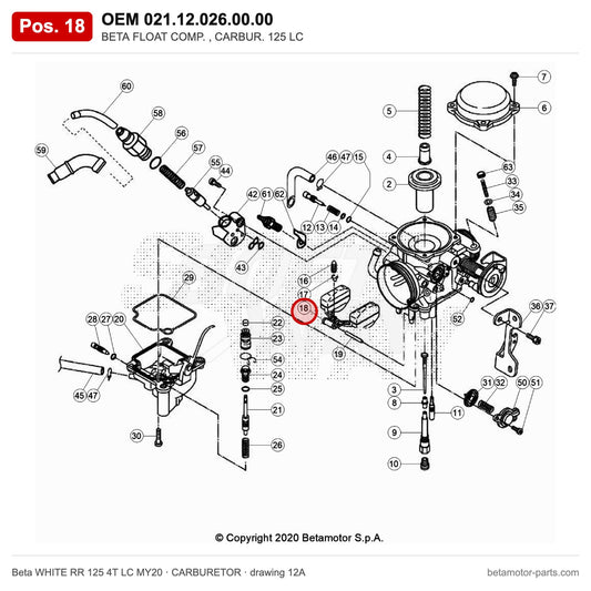 BETA FLOAT COMP. , CARBUR. 125 LC – OEM 021.12.026.00.00, position 18 on the Beta WHITE RR 125 4T LC MY20 carburetor drawing