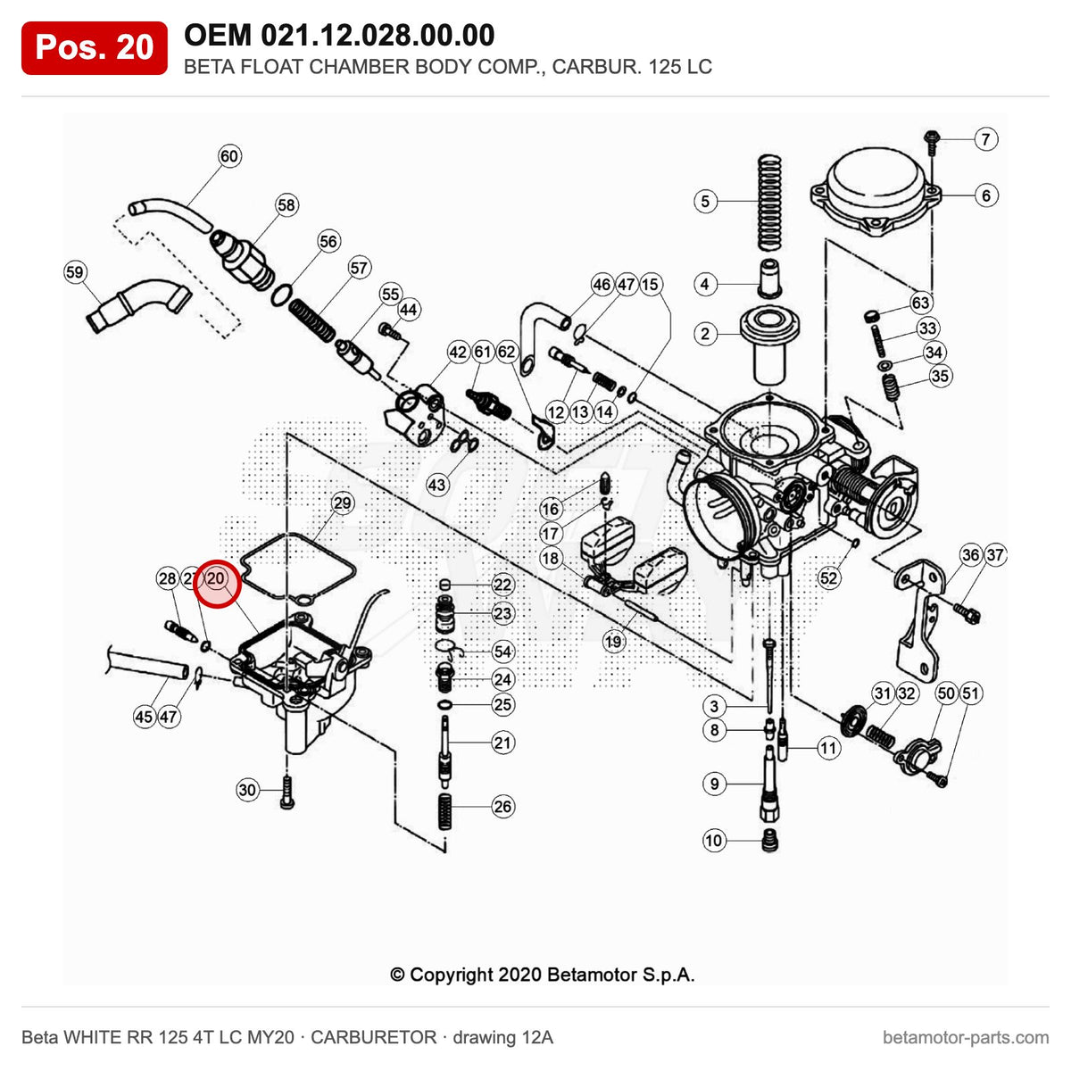 BETA FLOAT CHAMBER BODY COMP., CARBUR. 125 LC – OEM 021.12.028.00.00, position 20 on the Beta WHITE RR 125 4T LC MY20 carburetor drawing