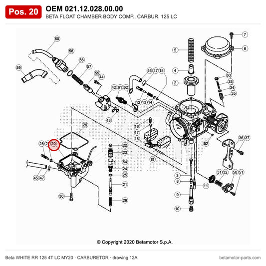 BETA FLOAT CHAMBER BODY COMP., CARBUR. 125 LC – OEM 021.12.028.00.00, position 20 on the Beta WHITE RR 125 4T LC MY20 carburetor drawing