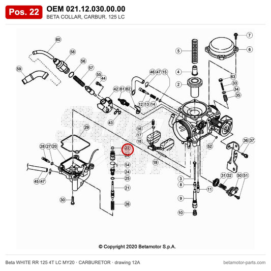 BETA COLLAR, CARBUR. 125 LC – OEM 021.12.030.00.00, position 22 on the Beta WHITE RR 125 4T LC MY20 carburetor drawing
