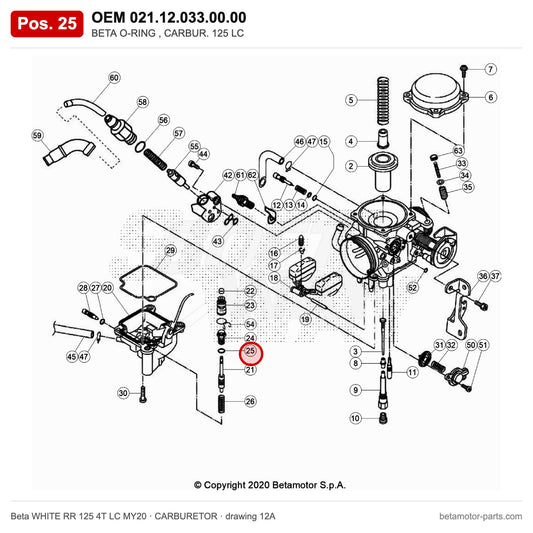 BETA O-RING , CARBUR. 125 LC – OEM 021.12.033.00.00, position 25 on the Beta WHITE RR 125 4T LC MY20 carburetor drawing