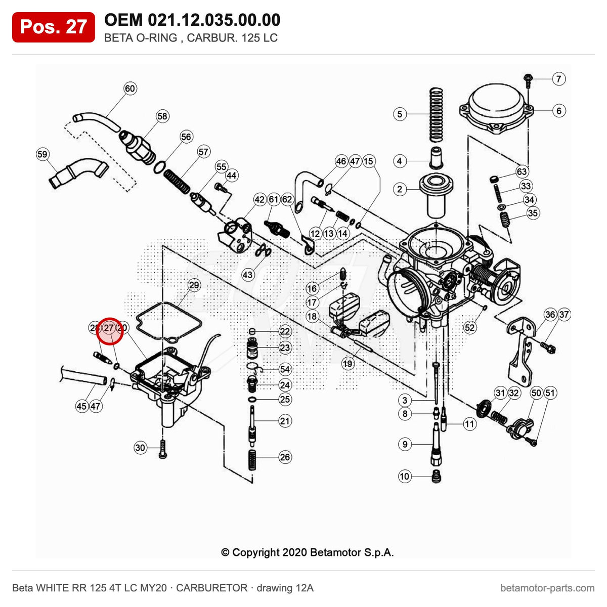 BETA O-RING , CARBUR. 125 LC – OEM 021.12.035.00.00, position 27 on the Beta WHITE RR 125 4T LC MY20 carburetor drawing