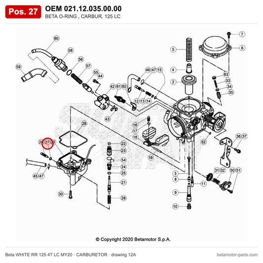 BETA O-RING , CARBUR. 125 LC – OEM 021.12.035.00.00, position 27 on the Beta WHITE RR 125 4T LC MY20 carburetor drawing