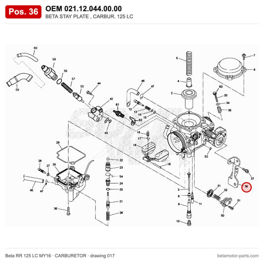 BETA STAY PLATE , CARBUR. 125 LC – OEM 021.12.044.00.00, position 36 on the Beta RR 125 LC MY16 carburetor drawing