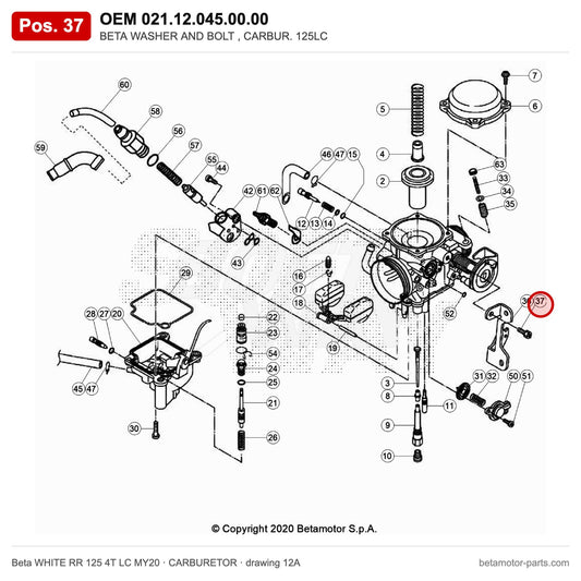 BETA WASHER AND BOLT , CARBUR. 125LC – OEM 021.12.045.00.00, position 37 on the Beta WHITE RR 125 4T LC MY20 carburetor drawing