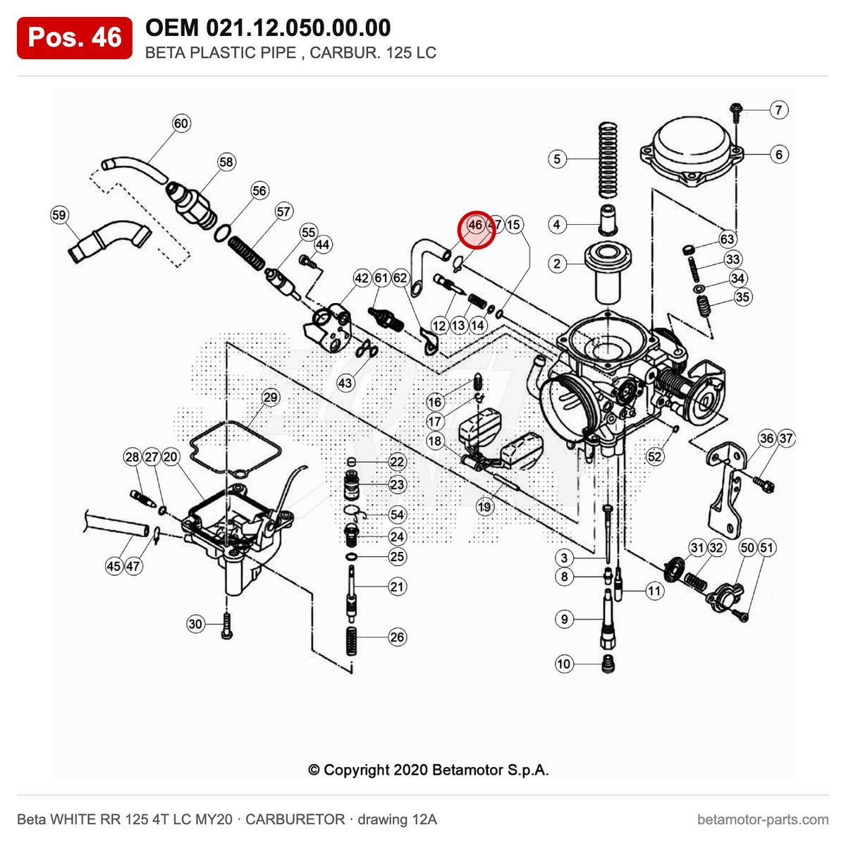 BETA PLASTIC PIPE , CARBUR. 125 LC – OEM 021.12.050.00.00, position 46 on the Beta WHITE RR 125 4T LC MY20 carburetor drawing