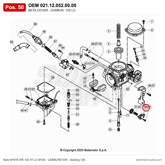BETA COVER , CARBUR. 125 LC – OEM 021.12.052.00.00, position 50 on the Beta WHITE RR 125 4T LC MY20 carburetor drawing