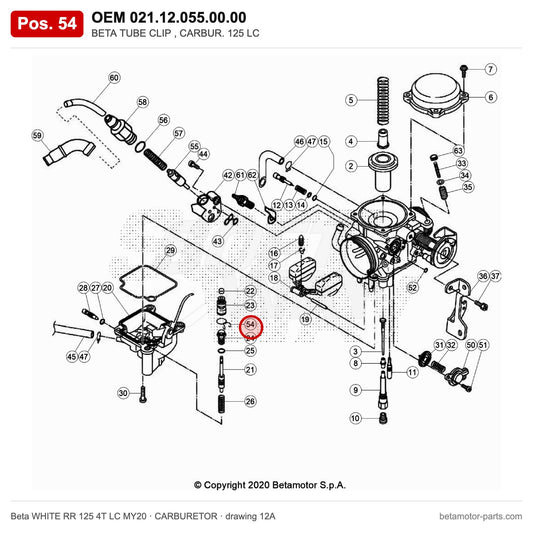 BETA TUBE CLIP , CARBUR. 125 LC – OEM 021.12.055.00.00, position 54 on the Beta WHITE RR 125 4T LC MY20 carburetor drawing