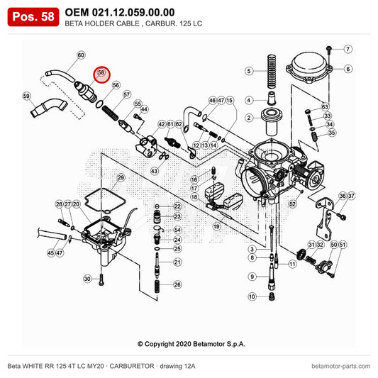 BETA HOLDER CABLE , CARBUR. 125 LC – OEM 021.12.059.00.00, position 58 on the Beta WHITE RR 125 4T LC MY20 carburetor drawing