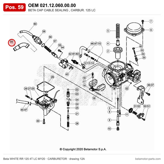 BETA CAP CABLE SEALING , CARBUR. 125 LC – OEM 021.12.060.00.00, position 59 on the Beta WHITE RR 125 4T LC MY20 carburetor drawing