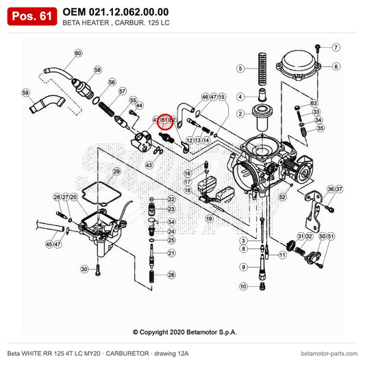 BETA HEATER , CARBUR. 125 LC – OEM 021.12.062.00.00, position 61 on the Beta WHITE RR 125 4T LC MY20 carburetor drawing