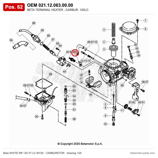 BETA TERMINAL HEATER , CARBUR. 125LC – OEM 021.12.063.00.00, position 62 on the Beta WHITE RR 125 4T LC MY20 carburetor drawing