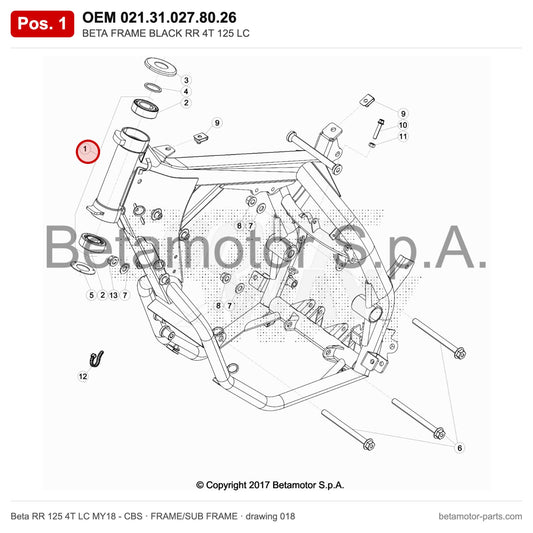 BETA FRAME BLACK RR 4T 125 LC – OEM 021.31.027.80.26, position 1 on the Beta RR 125 4T LC MY18 - CBS frame/sub frame drawing