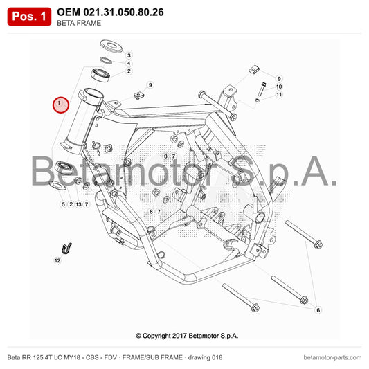 BETA FRAME – OEM 021.31.050.80.26, position 1 on the Beta RR 125 4T LC MY18 - CBS - FDV frame/sub frame drawing