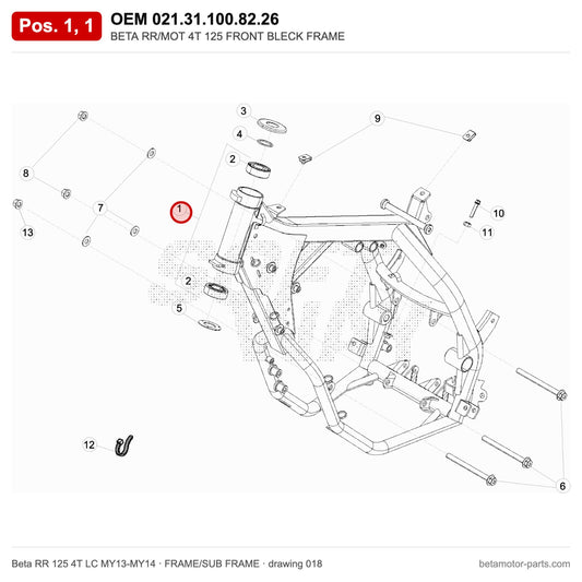BETA RR/MOT 4T 125 FRONT BLECK FRAME – OEM 021.31.100.82.26, positions 1,1 on the Beta RR 125 4T LC MY13-MY14 frame/sub frame drawing