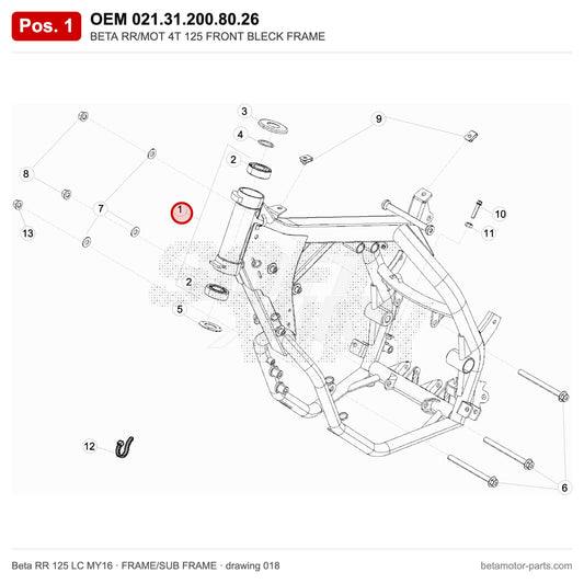 BETA RR/MOT 4T 125 FRONT BLECK FRAME – OEM 021.31.200.80.26, position 1 on the Beta RR 125 LC MY16 frame/sub frame drawing