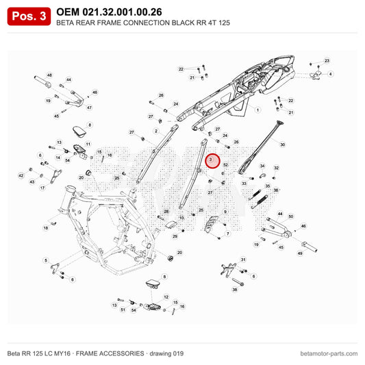 BETA REAR FRAME CONNECTION BLACK RR 4T 125 – OEM 021.32.001.00.26, position 3 on the Beta RR 125 LC MY16 frame accessories drawing