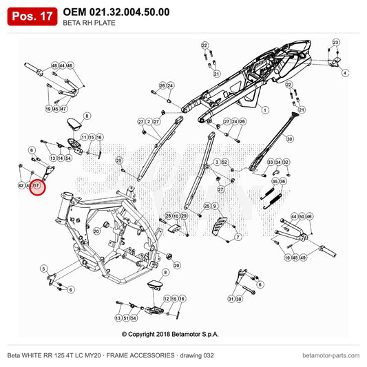 BETA RH PLATE – OEM 021.32.004.50.00, position 17 on the Beta WHITE RR 125 4T LC MY20 frame accessories drawing