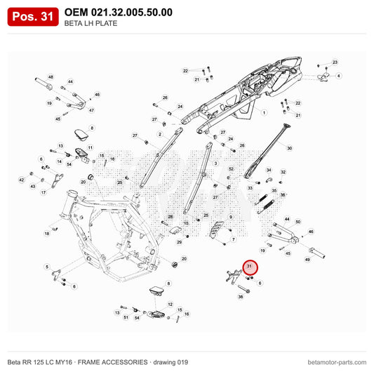 BETA LH PLATE – OEM 021.32.005.50.00, position 31 on the Beta RR 125 LC MY16 frame accessories drawing