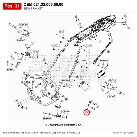 BETA BRACKET – OEM 021.32.006.50.00, position 31 on the Beta WHITE RR 125 4T LC MY20 frame accessories drawing