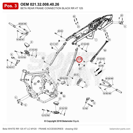 BETA REAR FRAME CONNECTION BLACK RR 4T 125 – OEM 021.32.008.40.26, position 3 on the Beta WHITE RR 125 4T LC MY20 frame accessories drawing