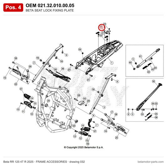 BETA SEAT LOCK FIXING PLATE – OEM 021.32.010.00.05, position 4 on the Beta RR 125 4T R 2025 frame accessories drawing