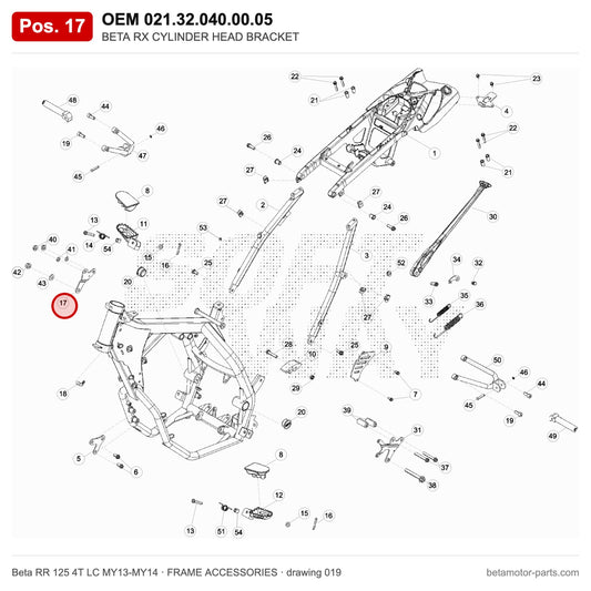BETA RX CYLINDER HEAD BRACKET – OEM 021.32.040.00.05, position 17 on the Beta RR 125 4T LC MY13-MY14 frame accessories drawing