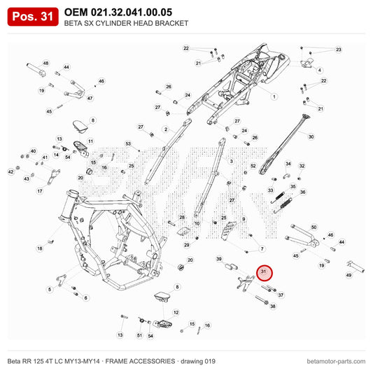 BETA SX CYLINDER HEAD BRACKET – OEM 021.32.041.00.05, position 31 on the Beta RR 125 4T LC MY13-MY14 frame accessories drawing