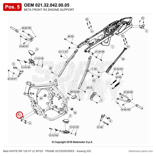 BETA FRONT RX ENGINE SUPPORT – OEM 021.32.042.00.05, position 5 on the Beta WHITE RR 125 4T LC MY20 frame accessories drawing