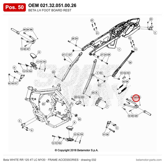 BETA LH FOOT BOARD REST – OEM 021.32.051.00.26, position 50 on the Beta WHITE RR 125 4T LC MY20 frame accessories drawing