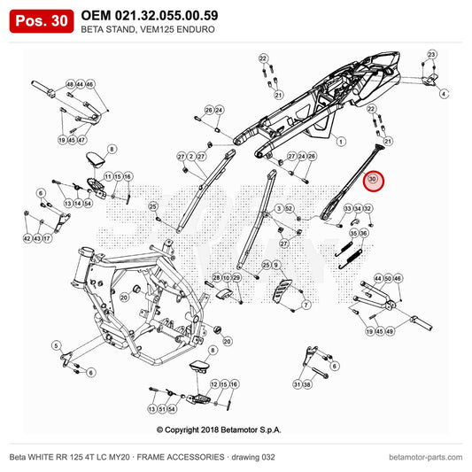 BETA STAND, VEM125 ENDURO – OEM 021.32.055.00.59, position 30 on the Beta WHITE RR 125 4T LC MY20 frame accessories drawing